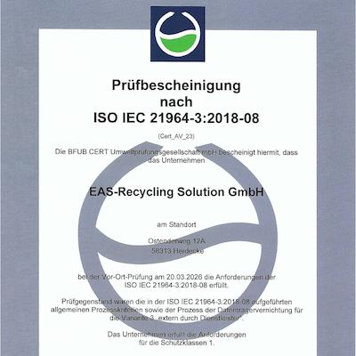 Zertifikat Datenträgervernichtung Schutzklasse 1