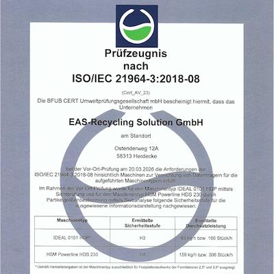 Zertifikat Datenträgervernichtung Sicherheitsstufe H3 H4